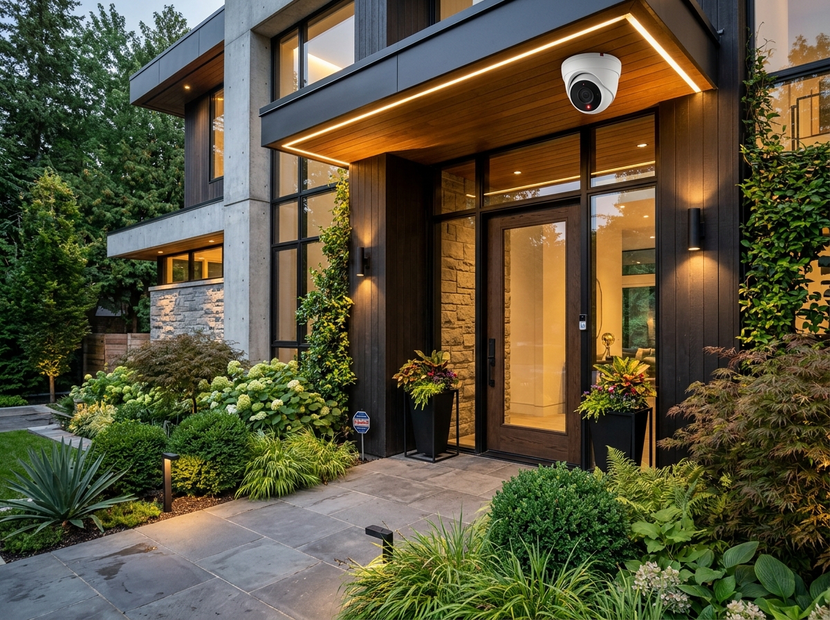 Modern residential luxury house entrance with discreet CCTV camera
